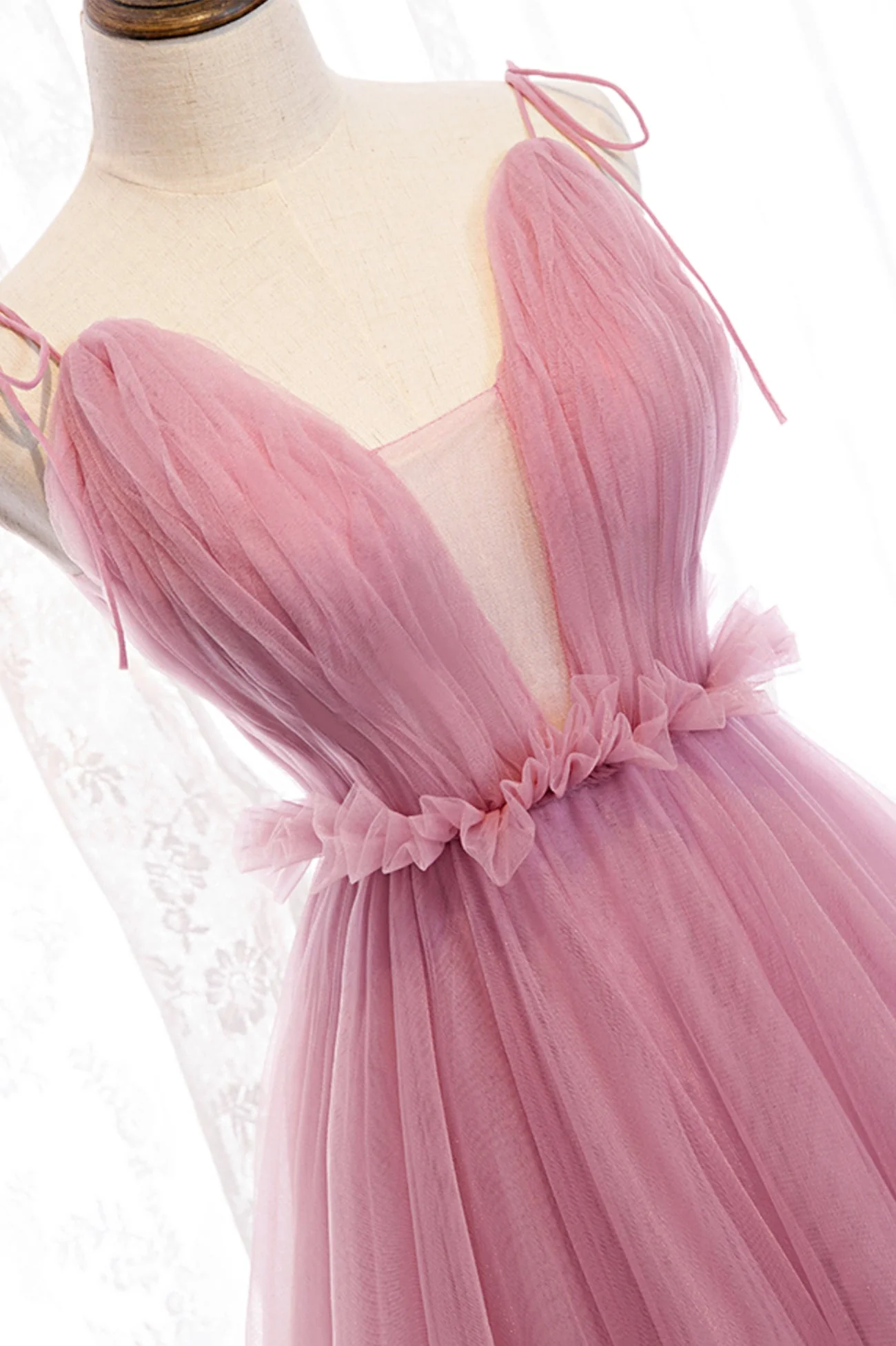 solvbao Pink Tulle Long Prom Dresses, A-Line Evening Party Dresses - Deanwangkt