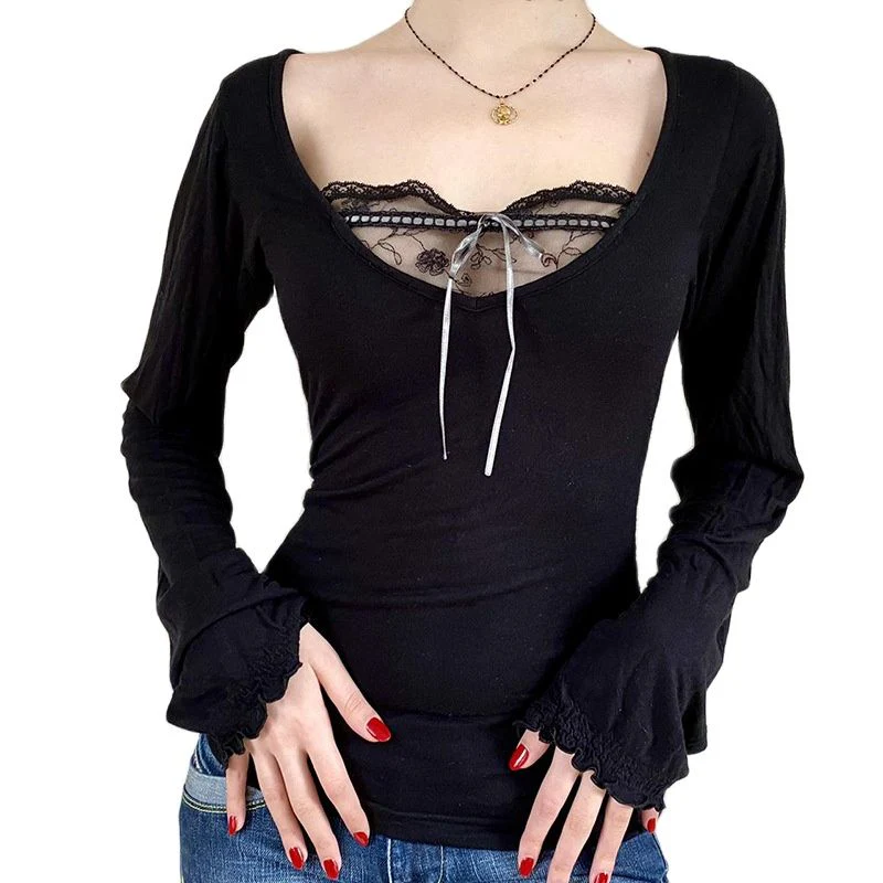 Long Sleeve T-Shirt Black Top Women Patchwork Lace Crop Top Winter Spring Women Pulovers Sexy Skinny V Neck Tees 90s Y2K Clothes - Deanwangkt