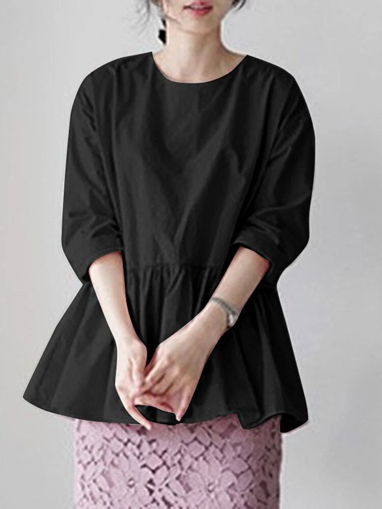 deanwangkt O-Neck Pleated Back Zipper Solid Blouse For Women - Deanwangkt