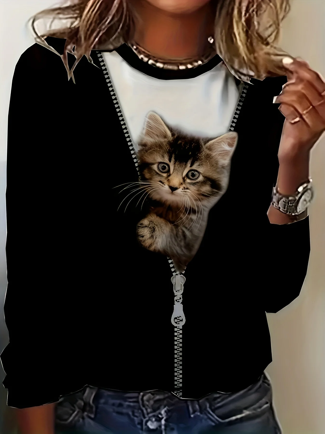 deanwangkt-1 Cat Print Crew Neck T-Shirt, Casual Long Sleeve T-Shirt For Spring & Fall, Women's Clothing - Deanwangkt