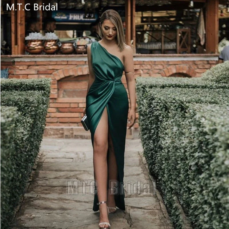Sexy Green Long One Shoulder Prom Dresses Front Slit One Shoulder Pleat Satin Plus Size Wedding Party Dress Robe De Soiree - Deanwangkt