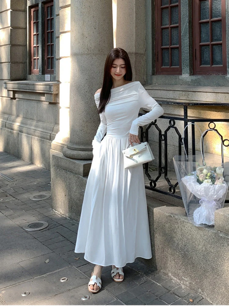 deanwangkt Autumn Fashion White Knitted Dress Women Elegant Sexy Off Shoulder Slim A-Line Robe Korean Spring Casual Long Sleeve Clothing - Deanwangkt