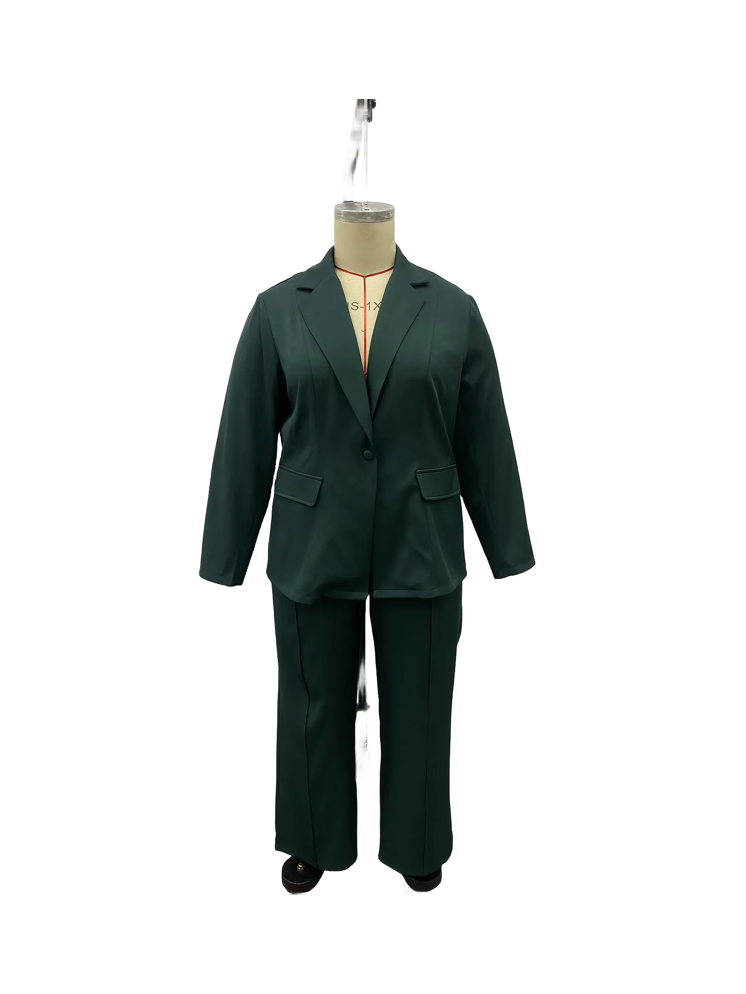 deanwangkt Plus Size Casual Suit Set, Women's Plus Solid Long Sleeve Single Breast Button Lapel Collar Suit Coat & Wide Leg Pants Suit Two Piece Set - Deanwangkt