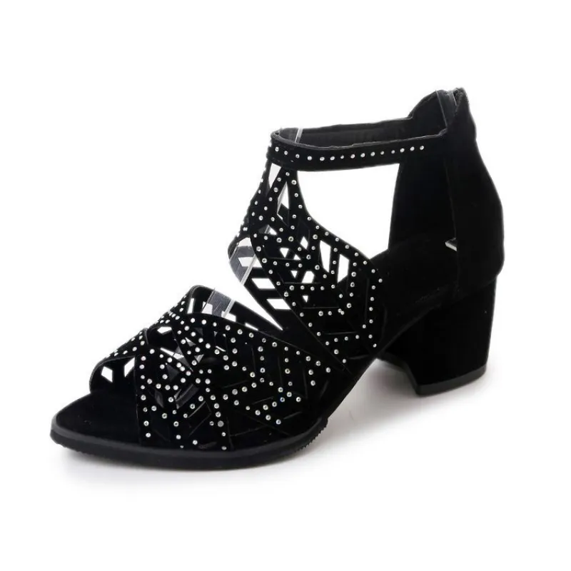 deanwangkt New Style Women Summer Rhinestone Hollow Out Faux Leather Thick Heel Zipper Sandals Shoes Sexy Plus Size Ladies Sandals - Deanwangkt