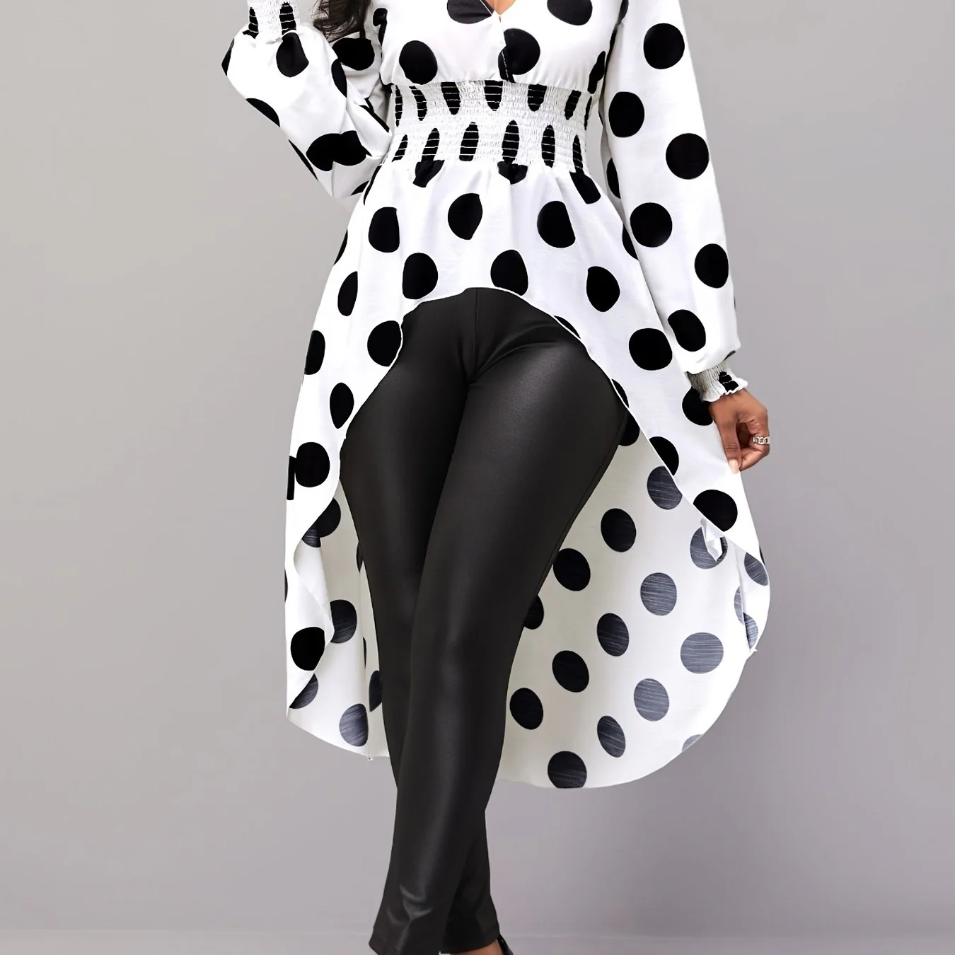 Asymmetrical Polka Dot Blouse, Long Sleeve V-neck Blouse, Casual Every Day Tops, Women's Clothing - Deanwangkt