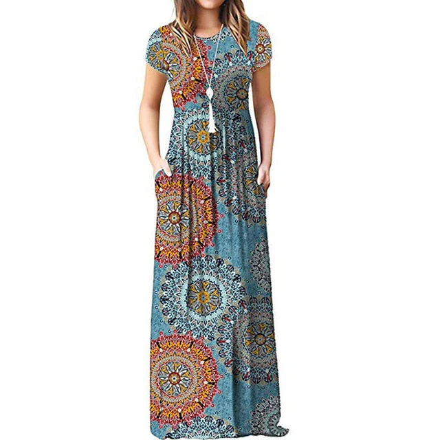 Summer Maxi Floral Dress Women Long Party Dress Ladies Loose Pocket Short Sleeve Casual Dress Robe Femme Sundress - Deanwangkt