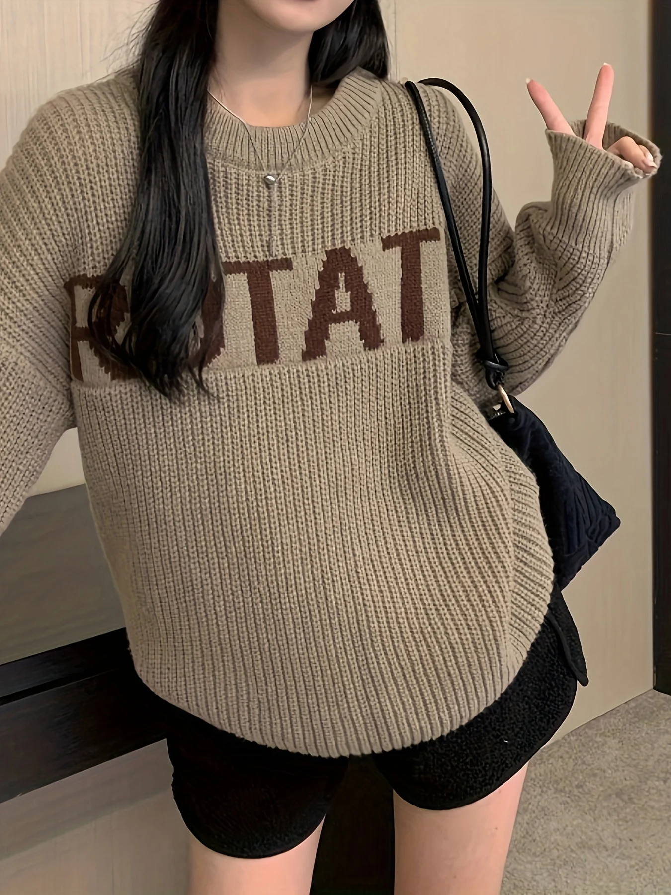 deanwangkt  Letter Pattern Crew Neck Pullover Sweater, Casual Long Sleeve Drop Shoulder Sweater, Women's Clothing - Deanwangkt