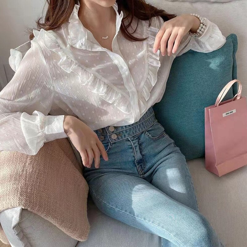 deanwangkt Women Elegant Stand Collar Ruffles Blouse Korean Fashion Simple Chiffon Blouse Polka Dot Long Sleeve Lace Shirt Top 18718 - Deanwangkt