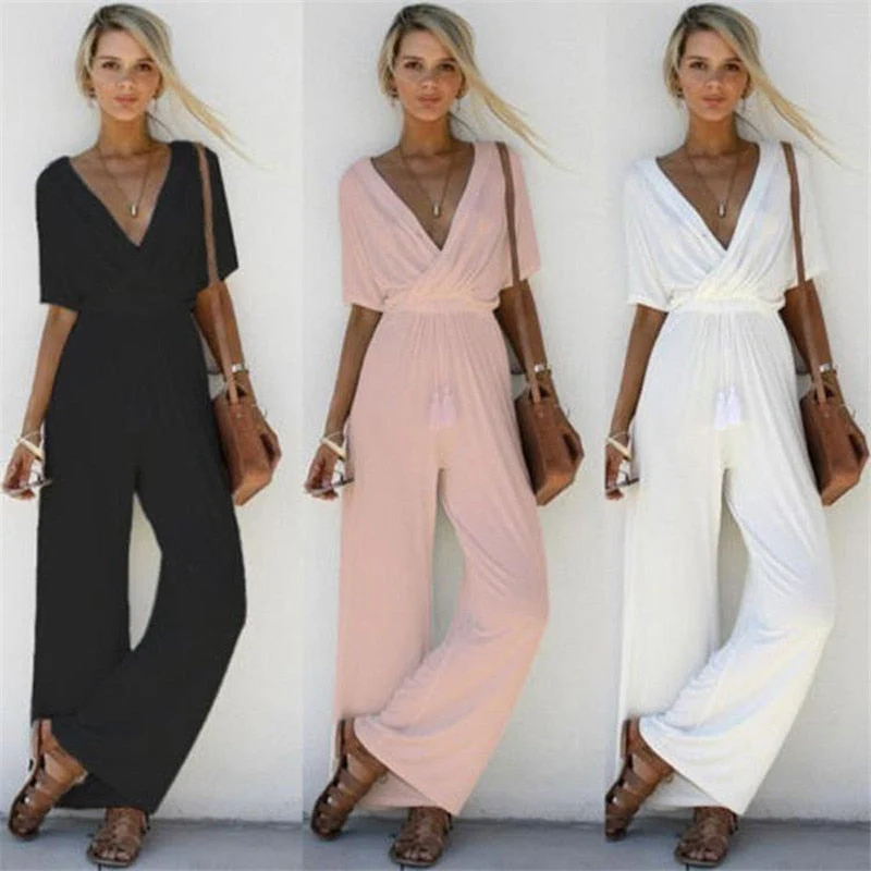 Women  Summer Loose Short Sleeve Casual Jumpsuit Ladies Elegant V-Neck Fashion Clubwear Wide Leg Slim Pants Trousers - Deanwangkt