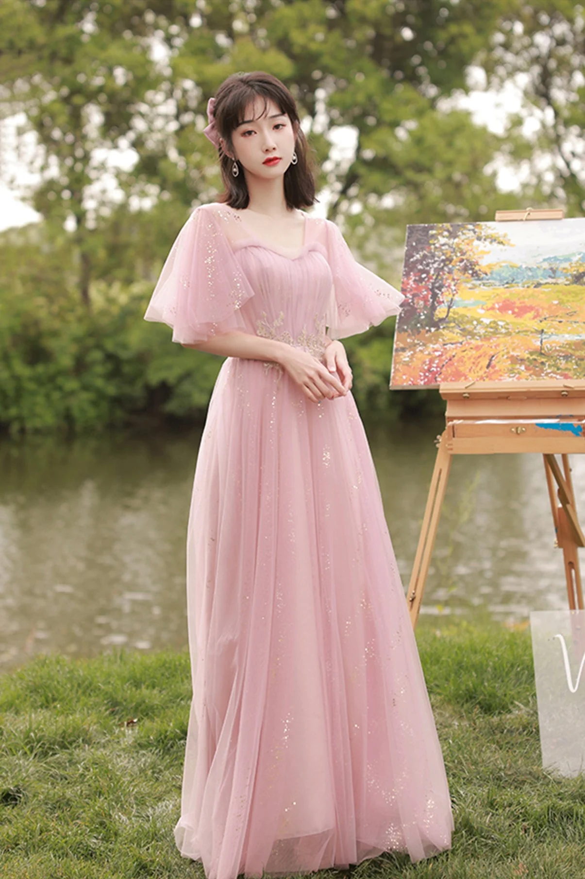 solvbao Pink Lace Long Prom Dresses, A-Line Evening Dresses - Deanwangkt