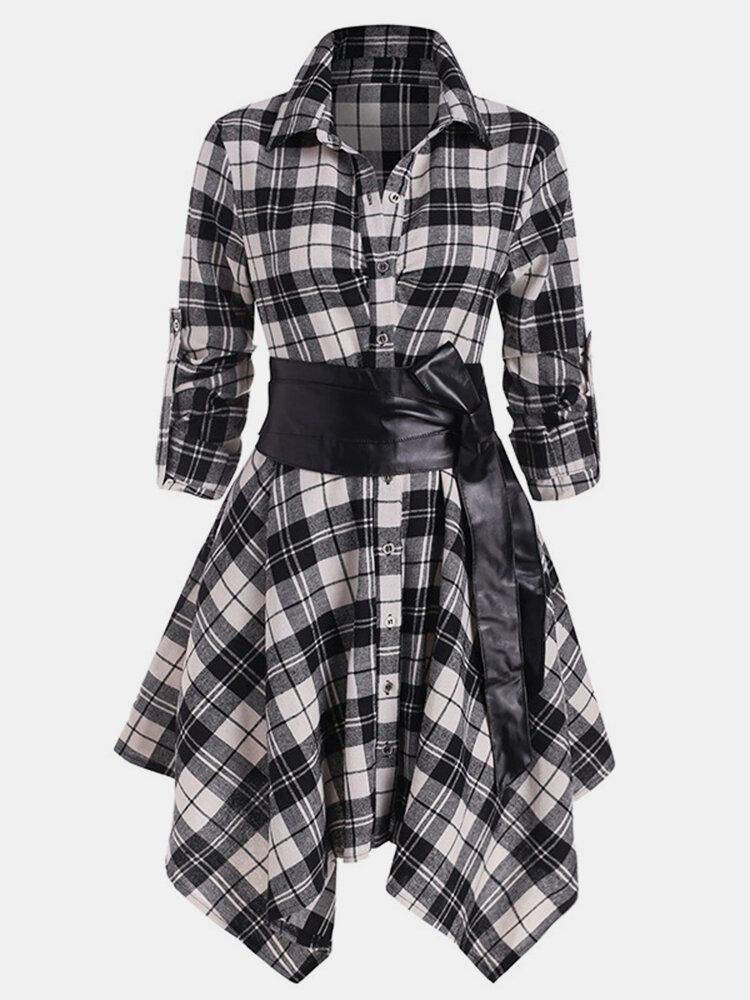 deanwangkt Women Classic Plaid Asymmetrical Shirt Dress With Belt - Deanwangkt