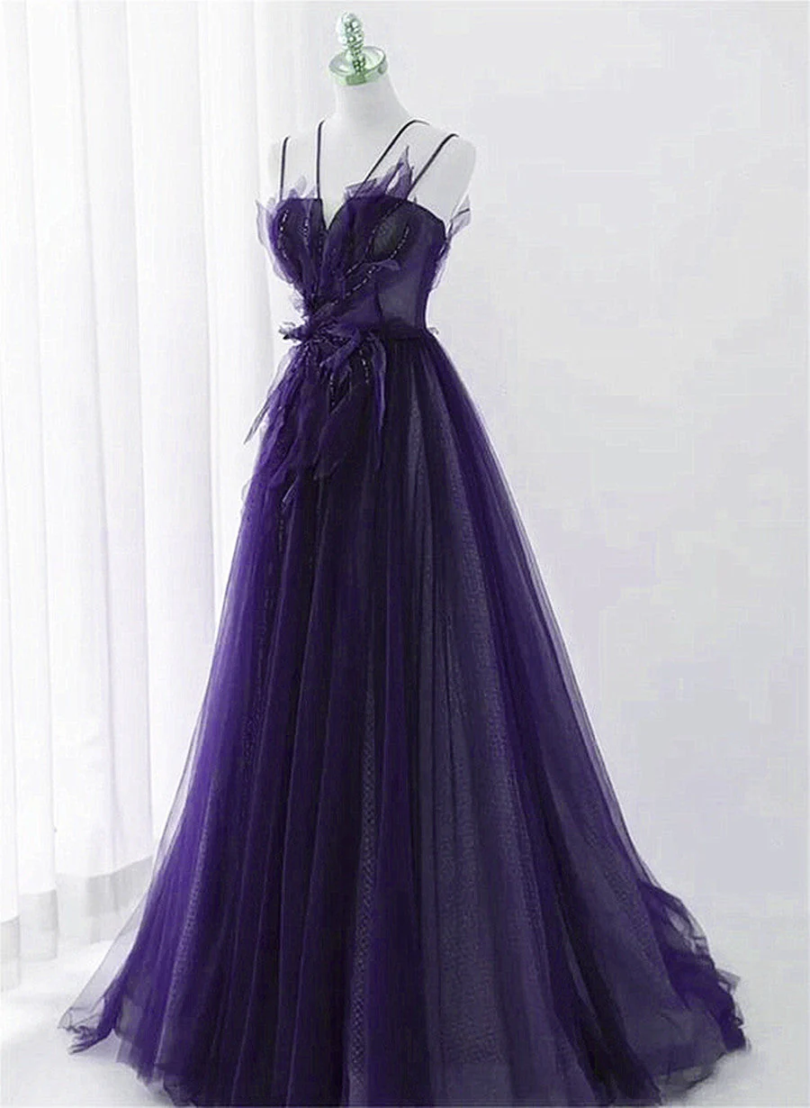 Solvbao Purple Tulle Beaded Long A-line Prom Dress Formal Dress, Purple Evening Dress - Deanwangkt