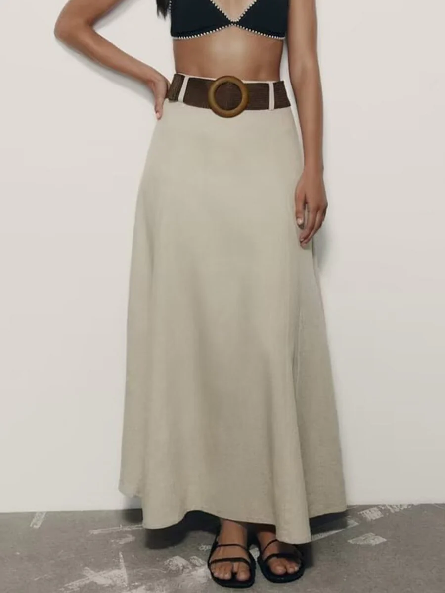 Joskka Solid Long Skirt  New High Waist Elegant Casual Belt Long Skirts Vintage Simple Female New Fall Dress - Deanwangkt