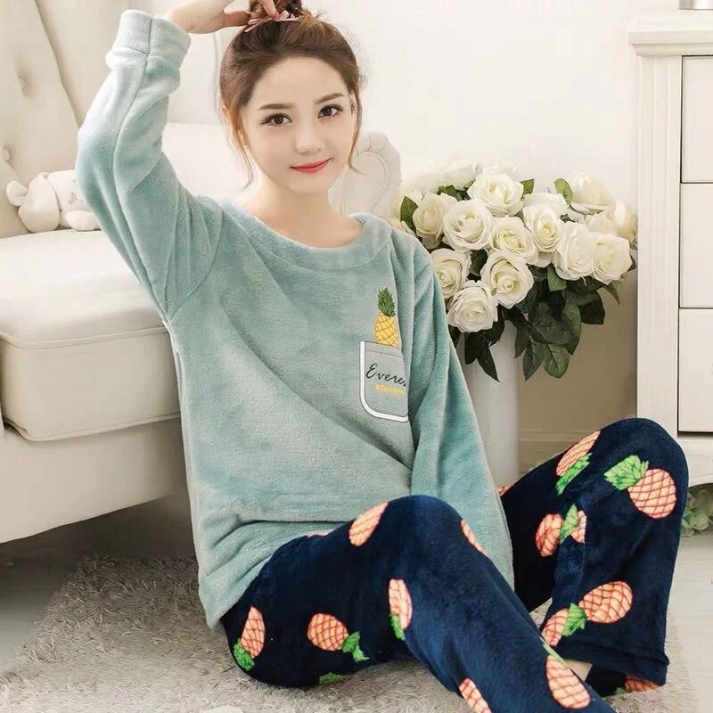 deanwangkt Winter Warm Flannel Women Pyjamas Sets Thick Coral Velvet Long Sleeve Cartoon Sleepwear Thin Flannel Pajamas Set Sleep Wear - Deanwangkt