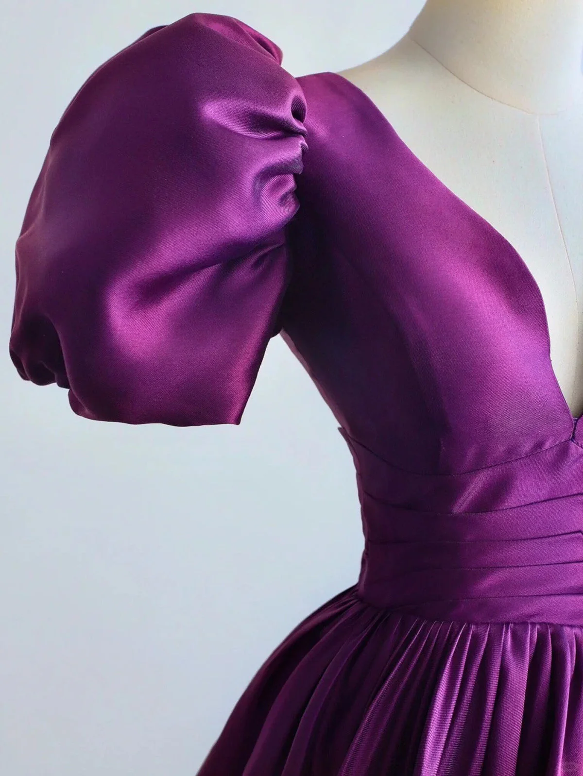 Solvbao Purple Satin Short Sleeves V-neckline Prom Dress, Purple Satin Evening Dress - Deanwangkt
