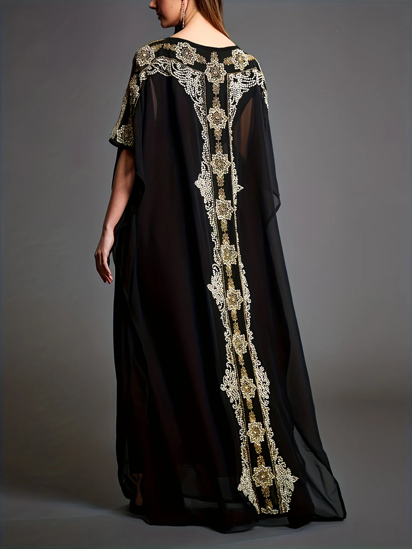 Contrast Trim Batwing Sleeve Kaftan Dress, Elegant Maxi Length Crew Neck Dress, Women's Clothing - Deanwangkt