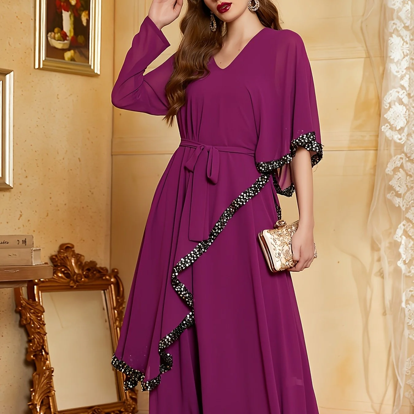 Contrast Trim Asymmetric Sleeve Dress, Elegant V Neck Tiered Dress For Party & Banquet, Women's Clothing - Deanwangkt