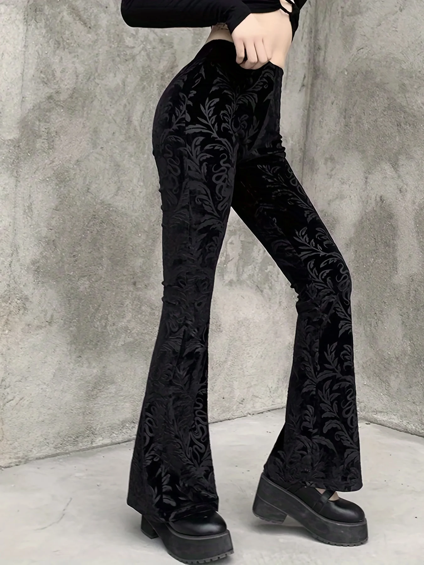 deanwangkt-1  Gothic Floral Print High Waist Pants, Elegant Flare Leg Pants, Women's Clothing - Deanwangkt