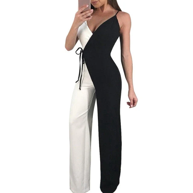 Autumn Women Long Jumpsuits Sleeveless Black White Patckwork OL Pants Polyester Sexy Ladies Loose Bodysuit ropa mujer Feminino - Deanwangkt