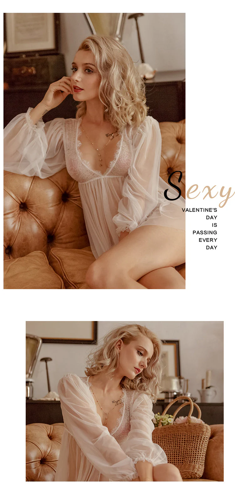 deanwangkt  New Cute Sexy Lace Deep V-neck Open Back Long Sleeve Mini Nightdress Underwer Black and White Sleepwear Set Sleeping Dress - Deanwangkt