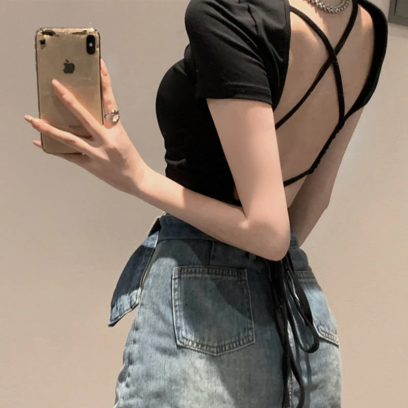 deanwangkt Summer Sexy Party Short Sleeve Tops Women Backless Hollow Out  Short Crop Tops Camisoles Streetwear White Lace Up Crop Tops - Deanwangkt