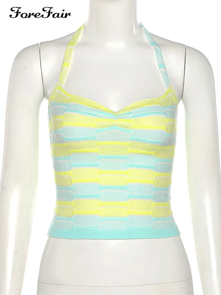 deanwangkt  Summer Women Crop Top Halter Neck Bandage Backless Off Shoulder Sleeveless Patchwork Beach Knit Sexy Tank Top - Deanwangkt