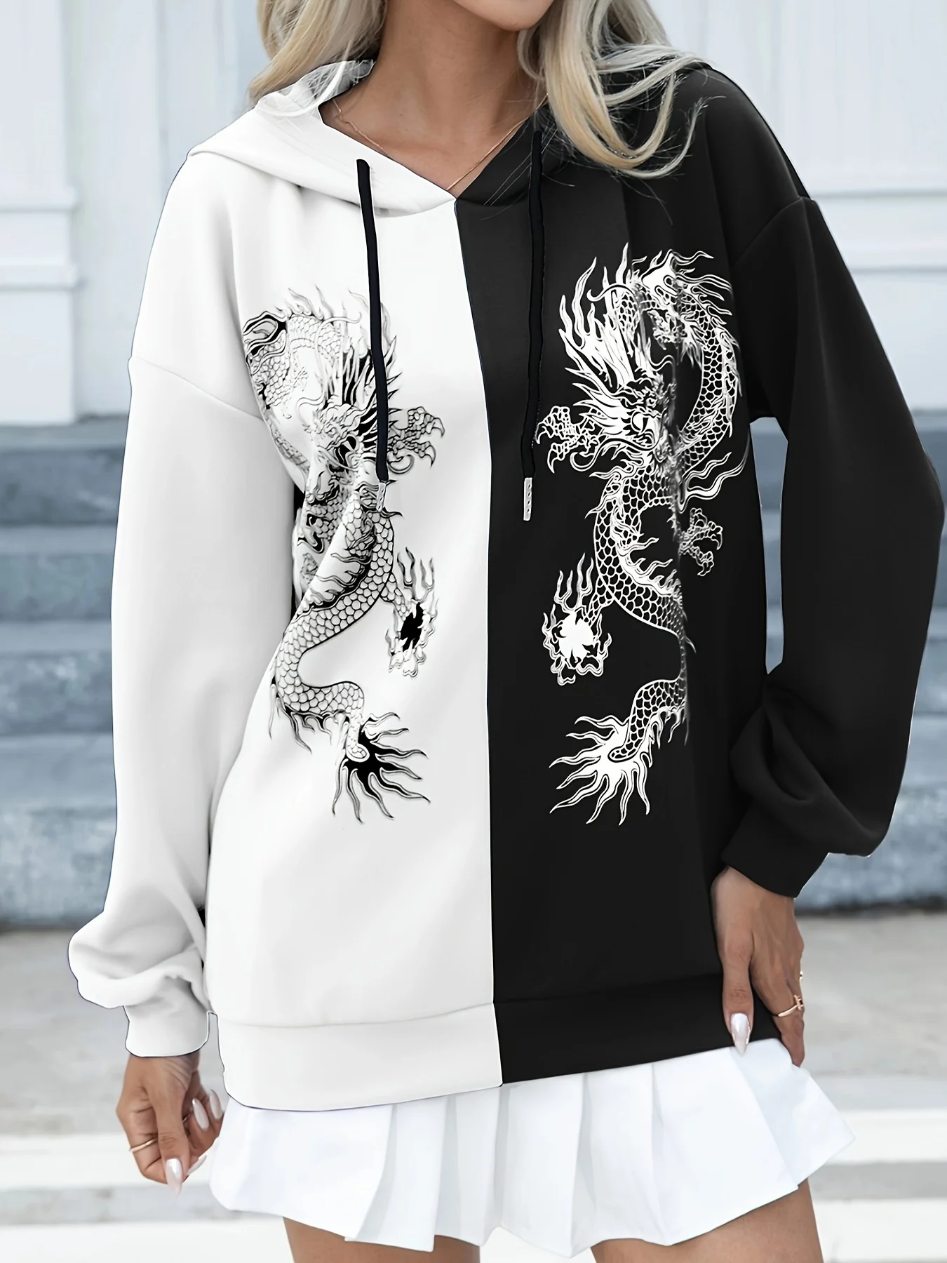 deanwangkt-1  Dragon Print Two-tone Hoodie, Casual Long Sleeve Drawstring Hoodies Sweatshirt, Women's Clothing - Deanwangkt