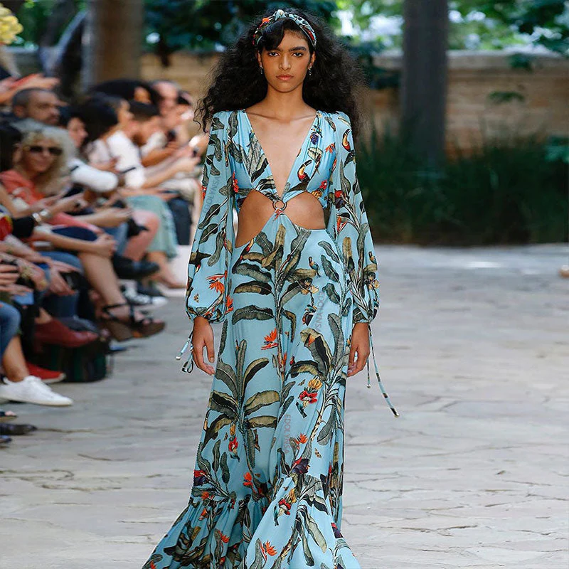 deanwangkt Sexy V-Neck Backless Hollow Out Dress  Summer Women Lantern Sleeve Club Party Long Maxi Dresses Tunic Beach Cover Up - Deanwangkt