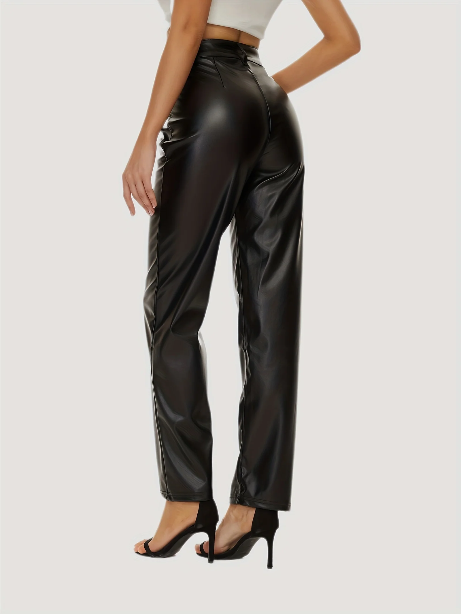 PU Leather Solid Pants, Elegant High Waist Comfy Pants For All Season, Women's Clothing - Deanwangkt