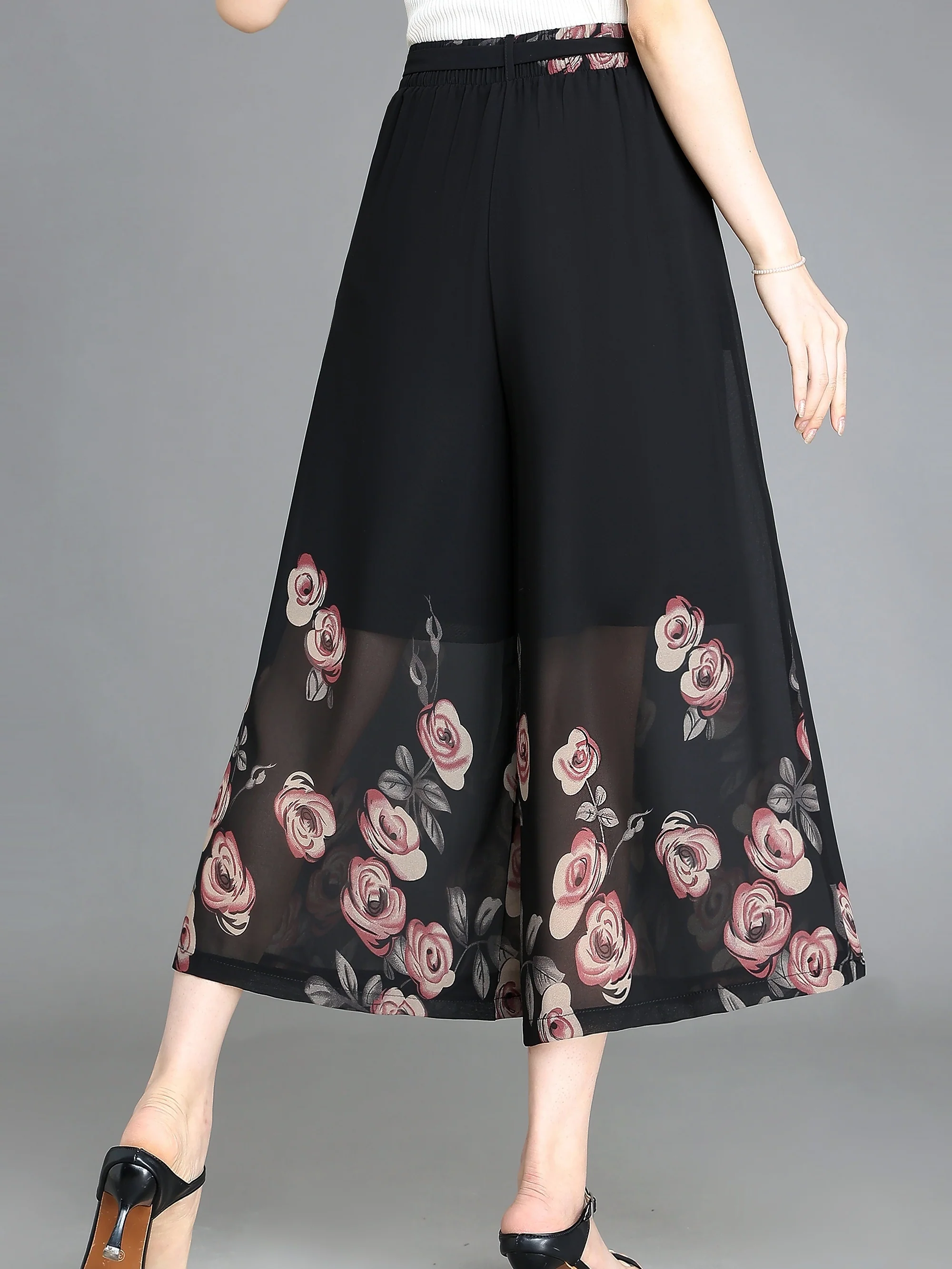 Floral Pattern Chiffon Cropped Wide Leg Pants, Casual Belted Pants For Spring & Fall, Women's Clothing - Deanwangkt