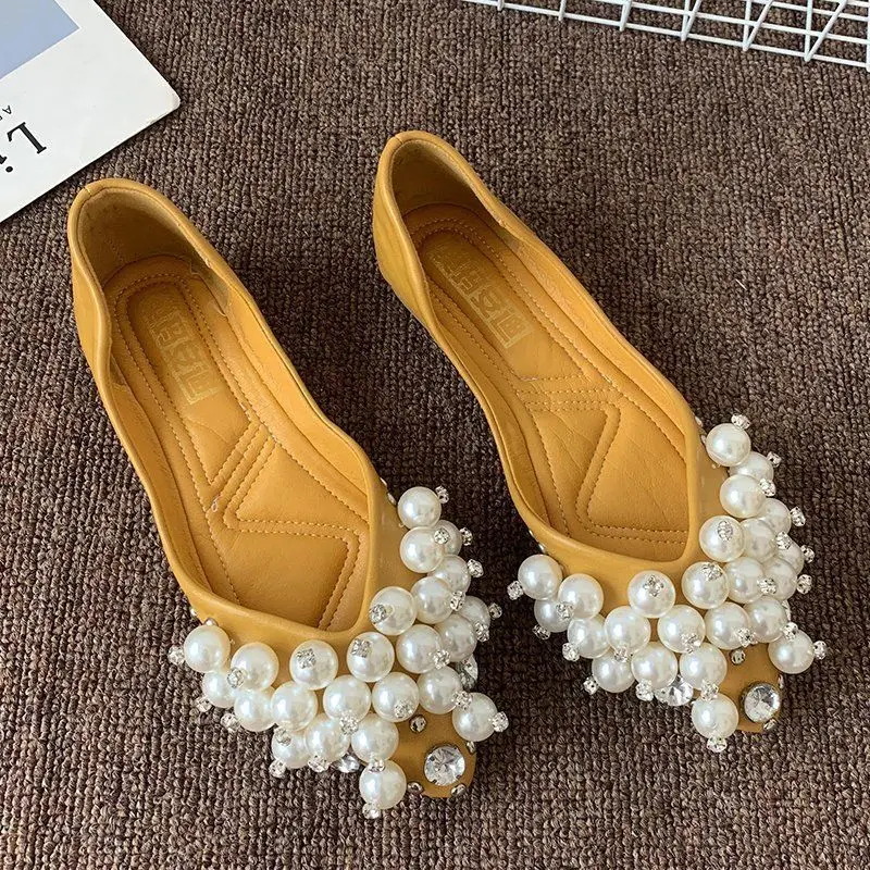 deanwangkt Elegant Ladies Pointed Flat Shoes  Spring Shallow Water Drill Pearl Buckle Soft Bottom Plus Size Comfortable Women's Shoes - Deanwangkt