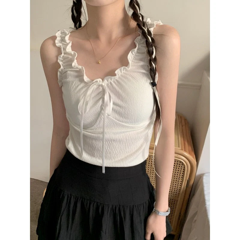 Edible Tree Fungus Y2K Summer Tank Top Solid Hotsweet White Sweet Women Sleeveless Camis Bottoming Korean Ballet Vest Bandage - Deanwangkt
