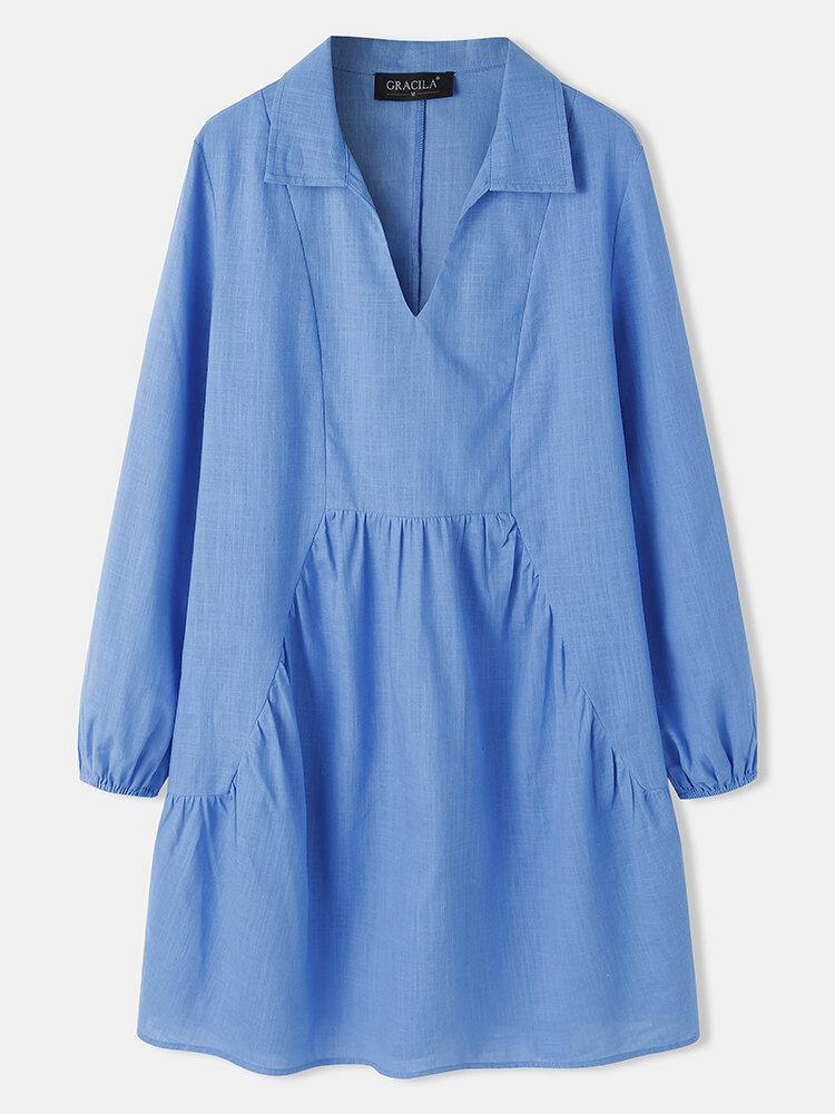 deanwangkt Puff Sleeve Lapel Pleated Stitching Elastic Cuffs Solid Daily Casual Cotton Blouse For Women - Deanwangkt