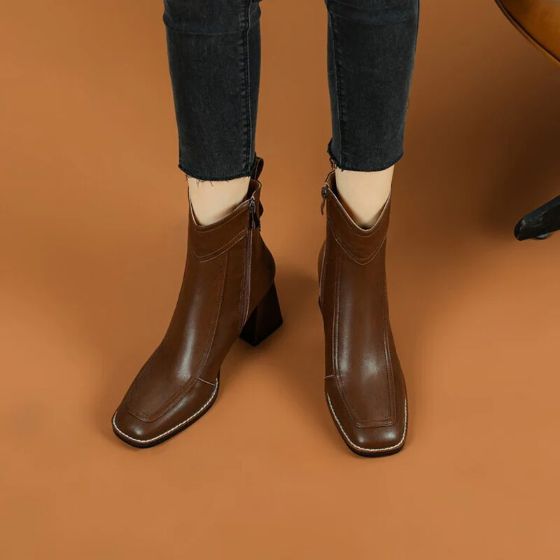 deanwangkt Autumn Boots   NEW Fashion Women Shoes Split Leather Boots Square Toe Chunky Heel Shoes Winter Zipper Modern Boots Women Solid High Heel Boots - Deanwangkt