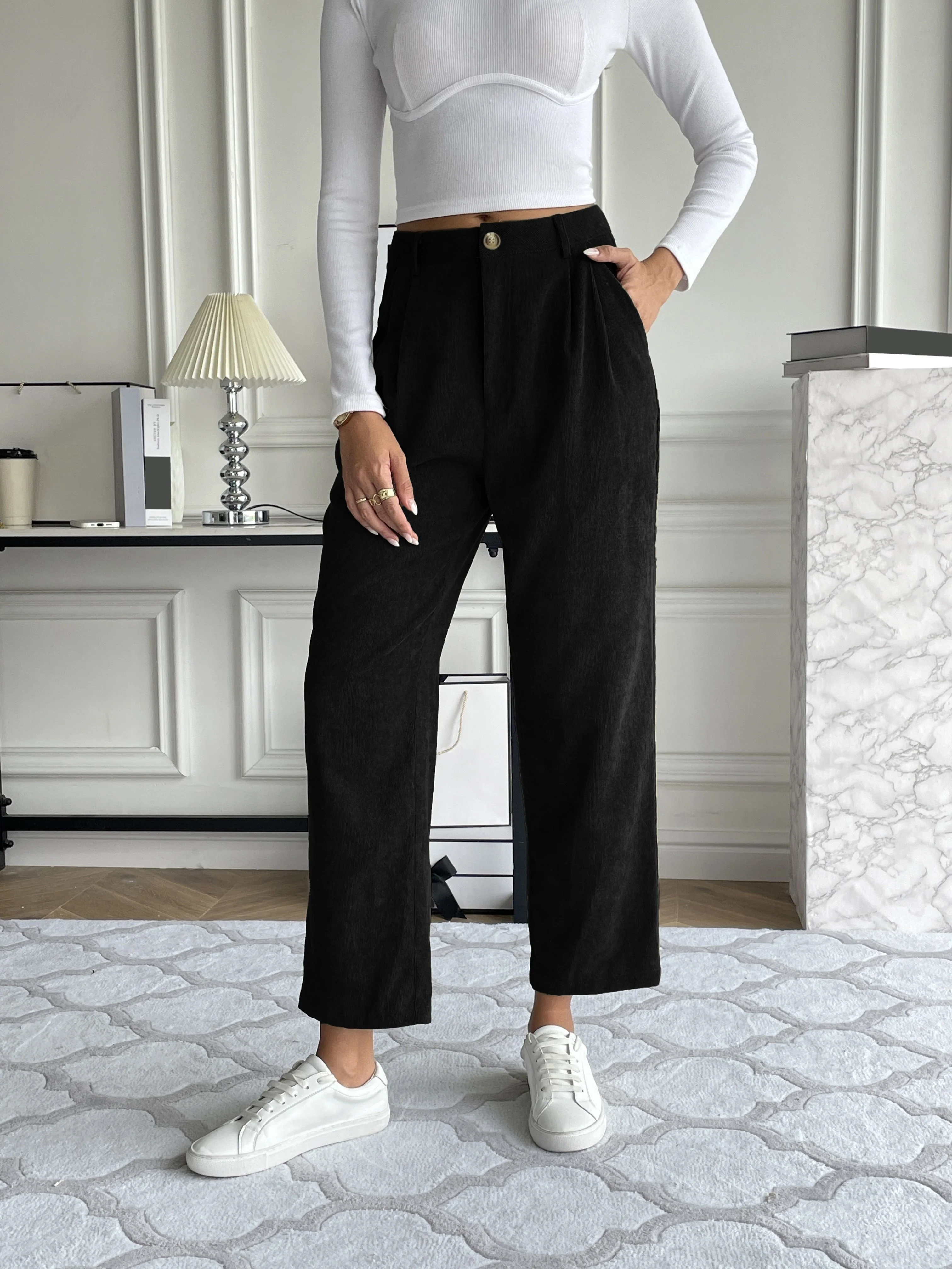 deanwangkt-1  Corduroy Pocket Straight Leg Pants, Casual Loose High Waist Pants, Women's Clothing - Deanwangkt