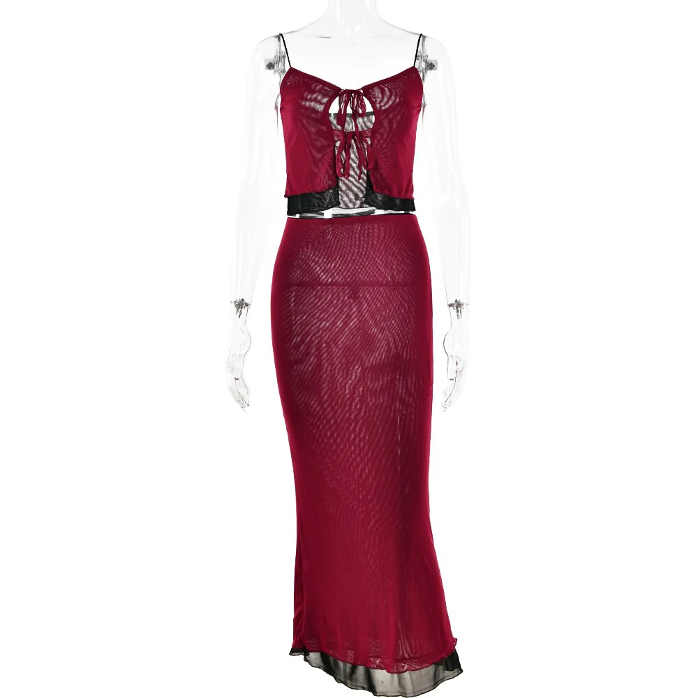 deanwangkt Two Piece Double-Layer Mesh Women Outfits Party Beach Off-shoulder Crop Top And Midi Bodycon Skirt Set Sexy Club - Deanwangkt