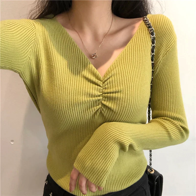 deanwangkt  Sexy V Neck Women Sweater Autumn Knitted Pullover Jumper Chic Soft Korean Slim Long Sleeve Female Basic Top New - Deanwangkt