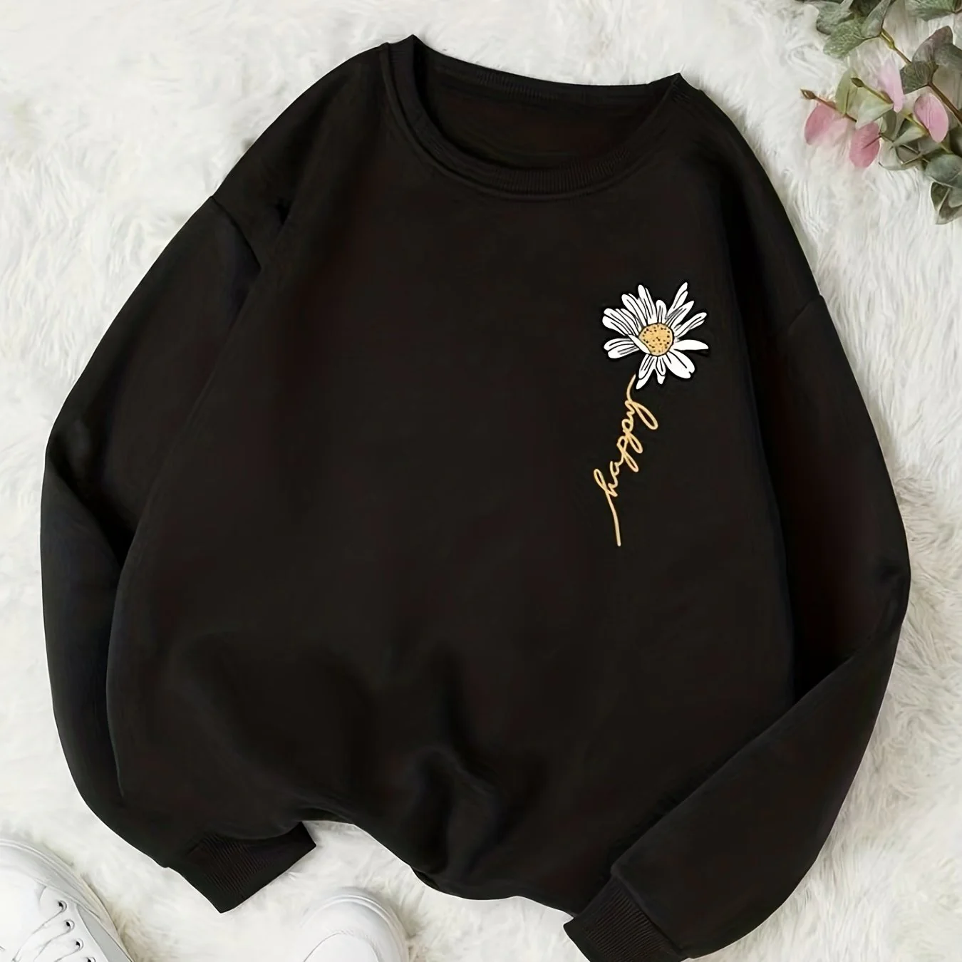 Flower Graphic Crew Neck Sports Sweatshirts, Long Sleeve Sports Pullover Top, Women's Sporty Sweatshirts - Deanwangkt