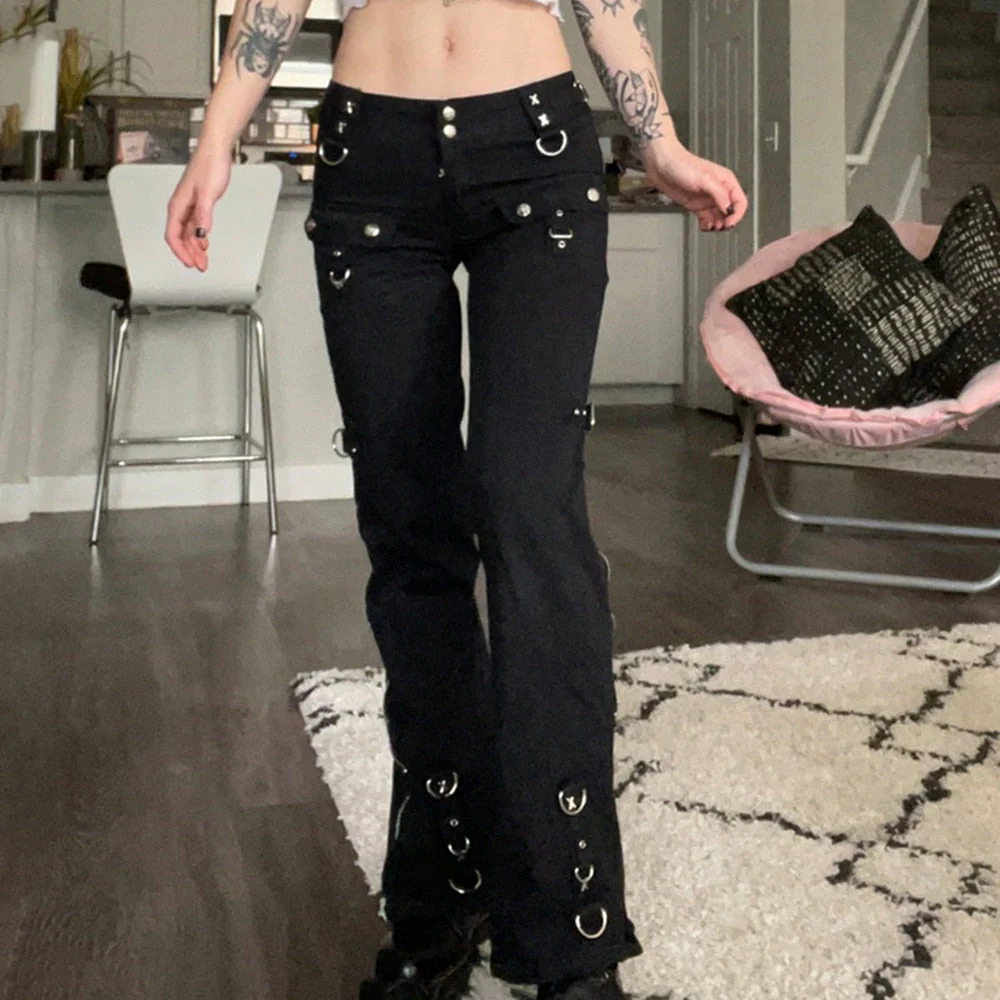 deanwangkt Emo Dark Cyber Y2k Pants Hippie Cargo Bodycon Gothic Punk Alt Baggy Jeans Rivets Black Women Goth Hip Hop Kpop Academia Pants - Deanwangkt
