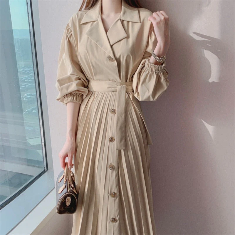 Joskka Korean Women Elegant Lapel Single Breasted Bandage Pleated Dress Vintage Long Lantern Sleeve Autumn New Hoco Dress - Deanwangkt