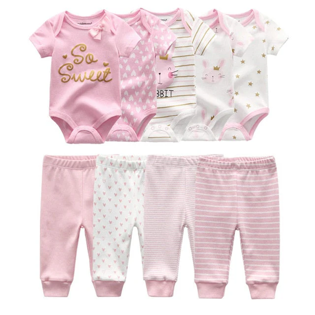 6/9PCS Baby Girl Clothes Newborn Unisex Solid Bodysuits+Pants Cotton Baby Boy Clothes Short Sleeve Girls Baby Clothing Cartoon - Deanwangkt