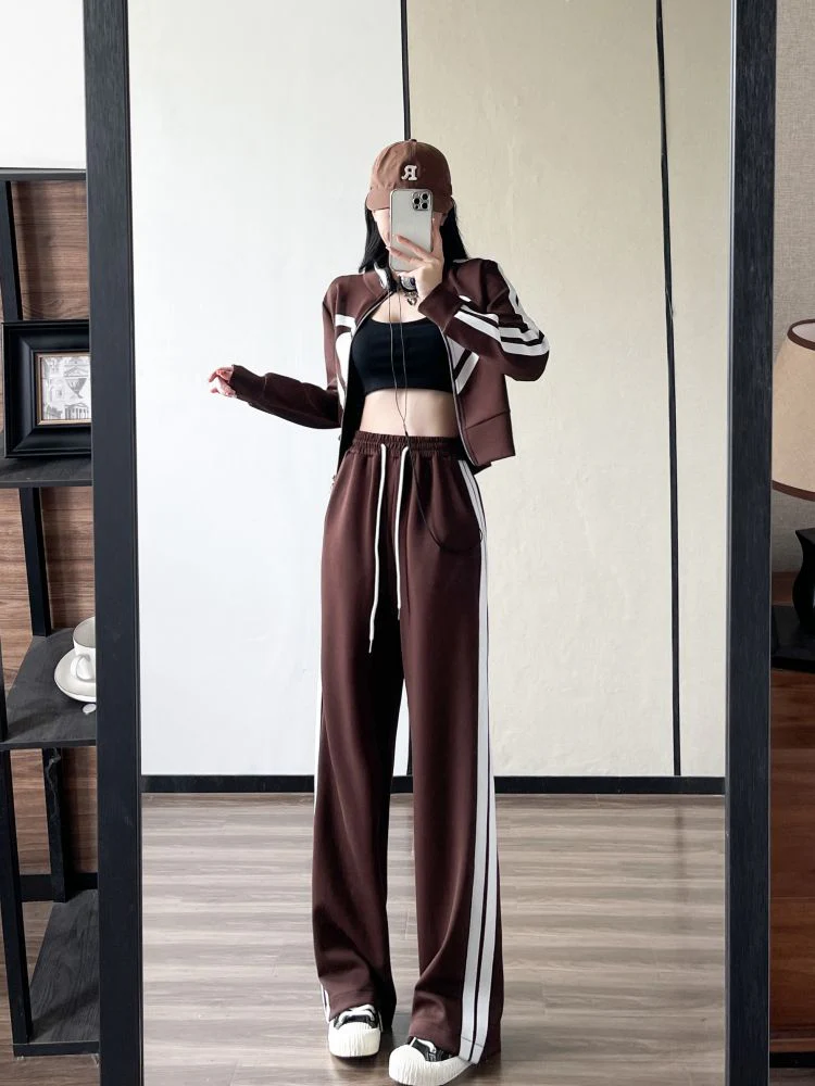 deanwangkt  New Spring and Autumn Zipper Jacket High Waist Wide Leg Pants Two-piece Fashion Casual Loose Long-sleeved Sports Suit Women - Deanwangkt