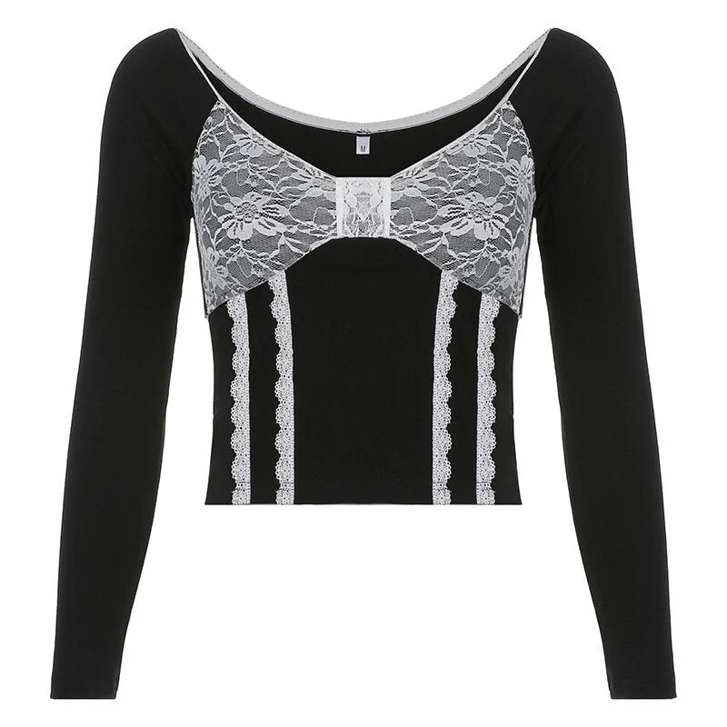 Wenkouban Full Sleeve Big V Neck Bow Patched Pullovers Y2k  Women Lace Crop Tie Up Top Kawaii T Shirt Fairycore Tees - Deanwangkt