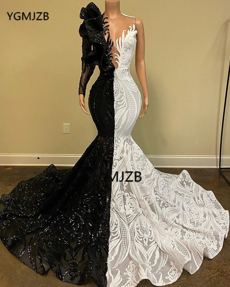 Sequined White Prom Dresses  Formal for Black Girls Mermaid One Shoulder Long Sleeveve Rufflues African Evening Gowns - Deanwangkt