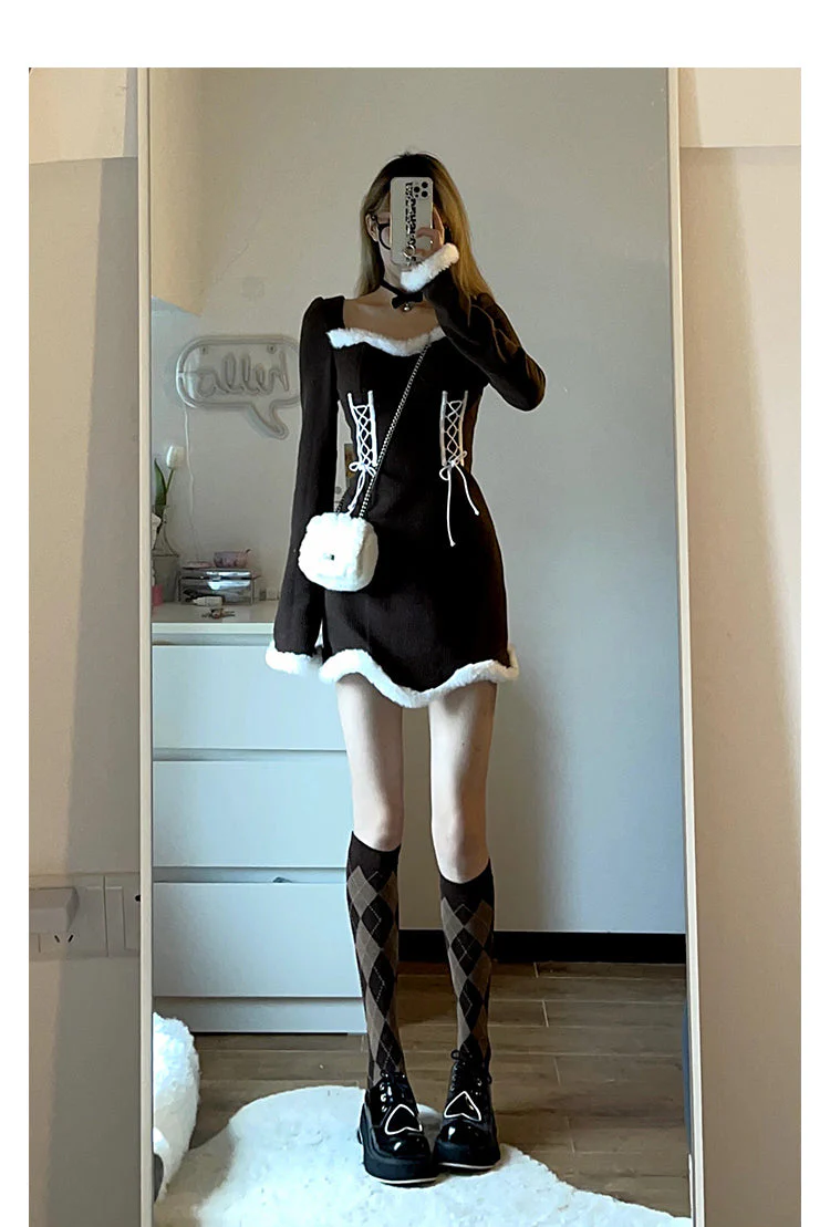 deanwangkt  Winter Sweet Christmas Dress Women Red Kawaii Lolita Party Mini Dresses Warm Korean Night Dresses Ladies Festival Clothing - Deanwangkt