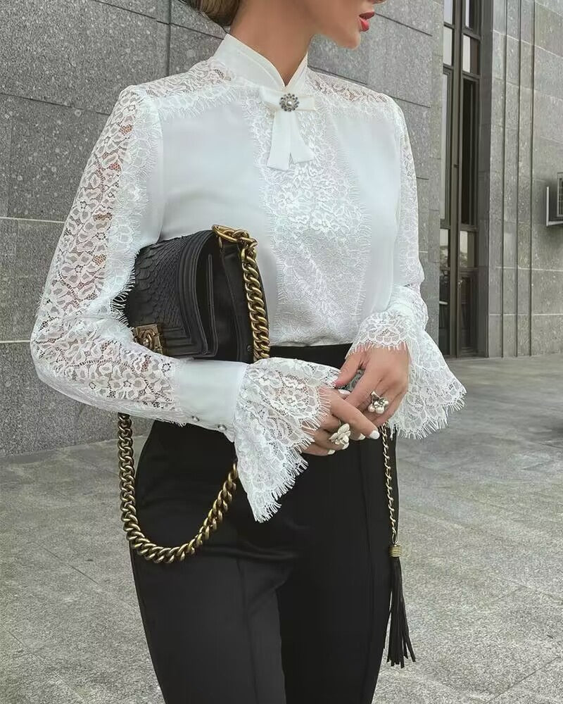 deanwangkt  Spring Blouse Women Fashion Female Shirts Lace Patchwork Blouses Office Lady Sexy Long Sleeve Tops - Deanwangkt