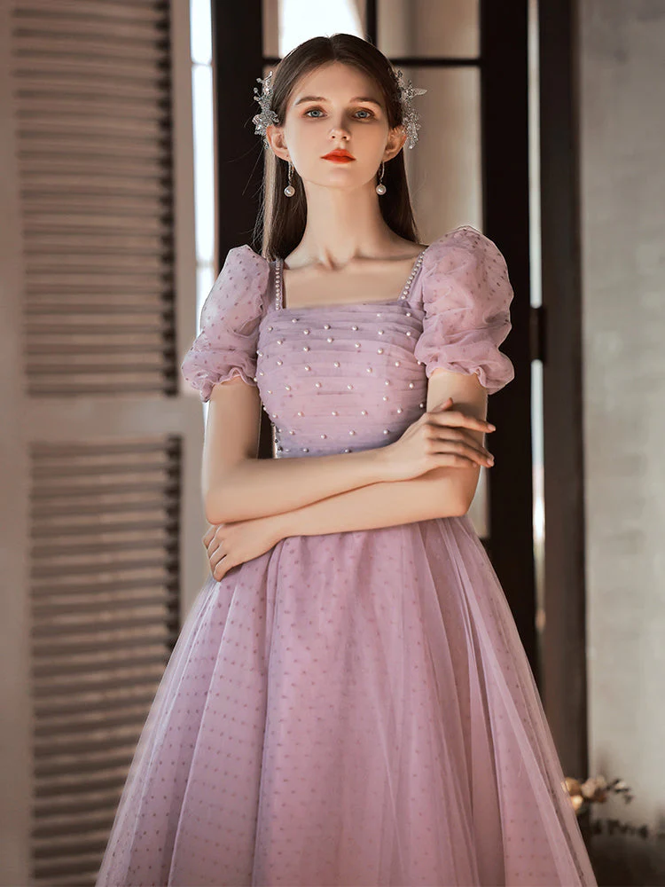 Solvbao Light Purple Tulle Long Formal Dress, A-line Tulle Short Sleeves Prom Dress - Deanwangkt