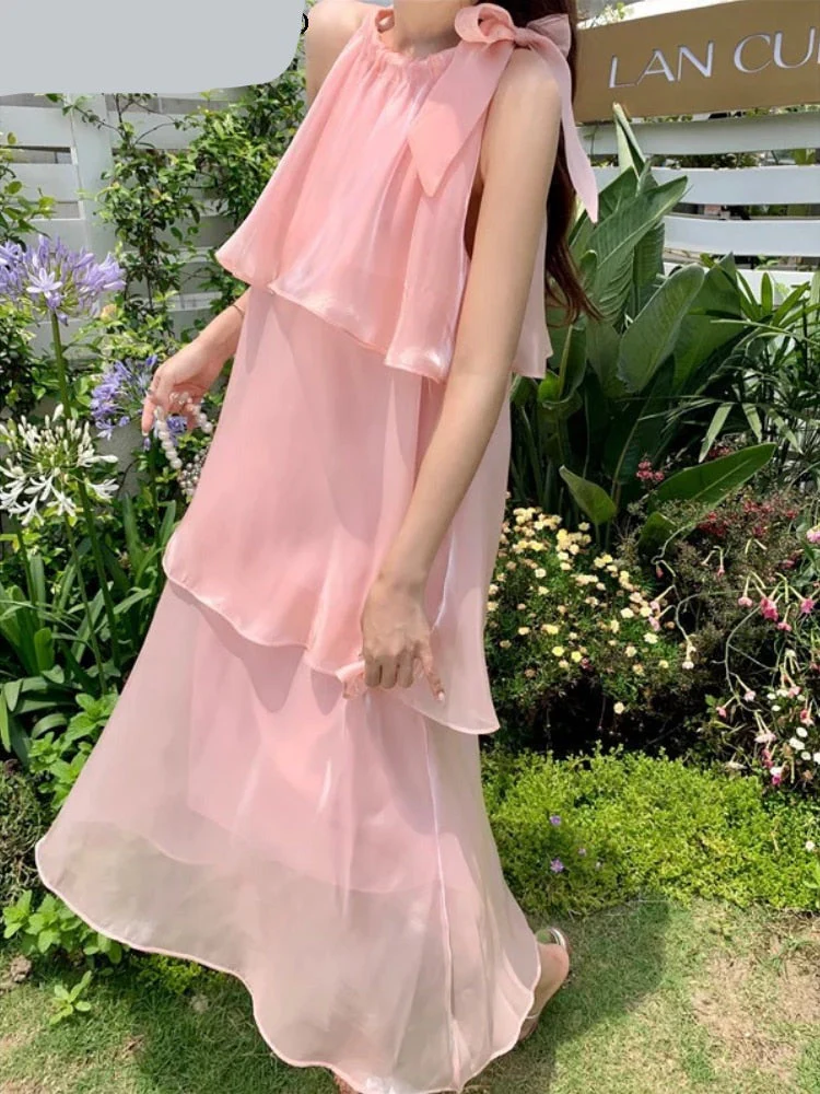 deanwangkt Elegant Sweet Sleeveless Dress Women Layered Ruffles High Waist Beach Holiday Dresses Casual Fashion Princess Sundress - Deanwangkt