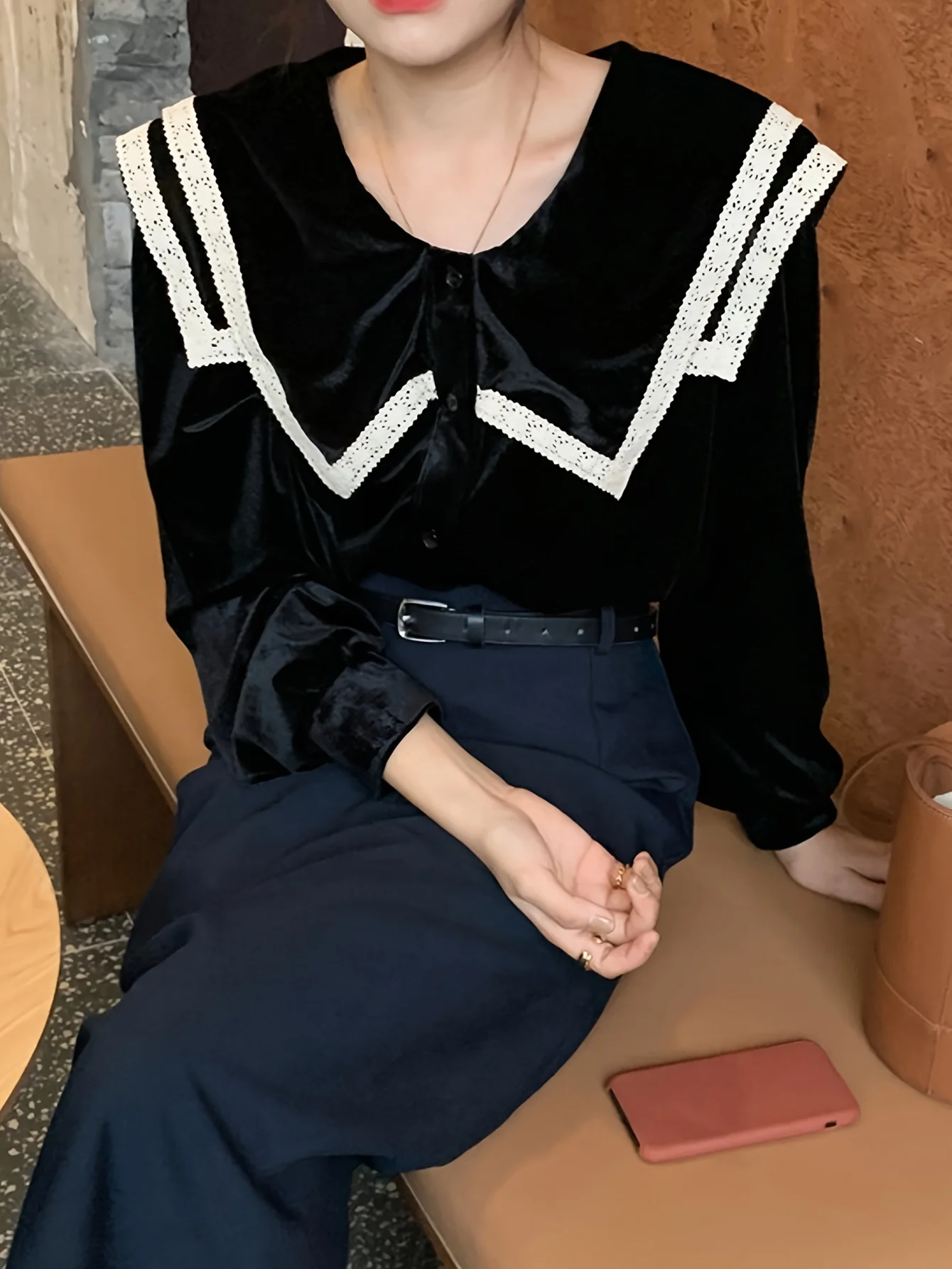 deanwangkt Contrast Lace Button Front Collar Blouse, Casual Long Sleeve Blouse For Spring & Fall, Women's Clothing - Deanwangkt