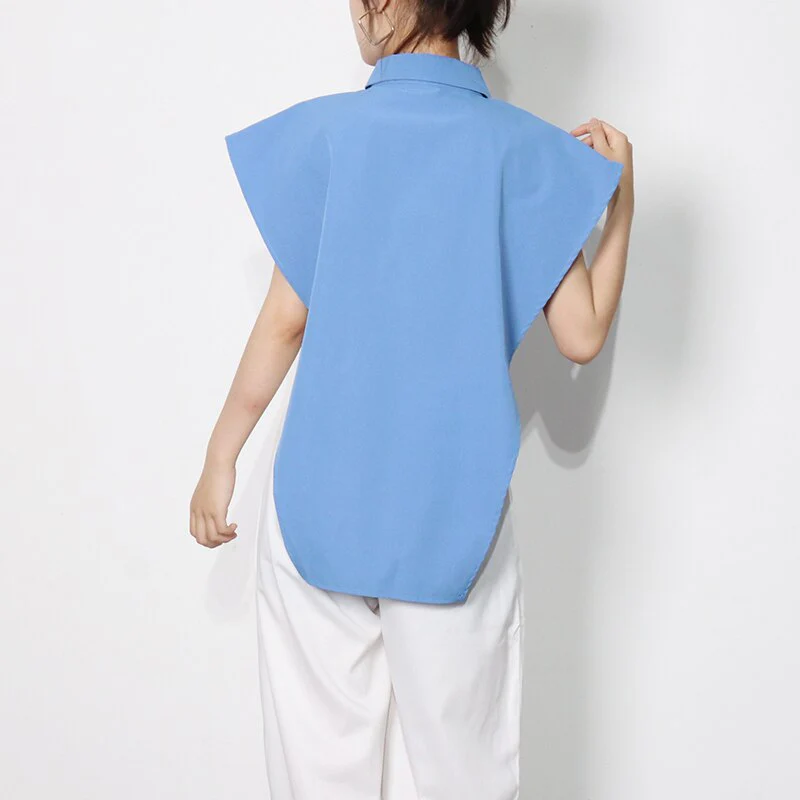 deanwangkt Casual Solid Shirt For Women Lapel Sleeveless Loose Minimalist Irregular Blouse Female Fashion New Clothing - Deanwangkt
